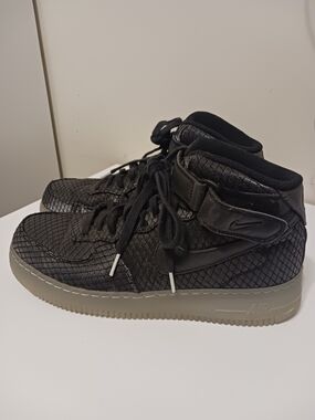 Nike Air Force 1 Black Fish Scales Mid Sneakers with Strap and Textured Upper